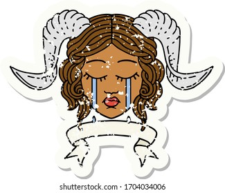 Retro Tattoo Style crying tiefling with scroll banner
