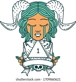 Retro Tattoo Style crying tiefling face with natural 1 D20 Dice