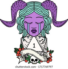 Retro Tattoo Style crying tiefling with natural one D20 dice roll