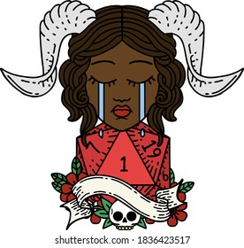 Retro Tattoo Style crying tiefling with natural one D20 dice roll
