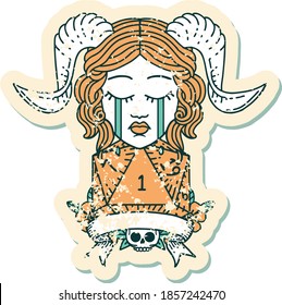 Retro Tattoo Style crying tiefling with natural one D20 dice roll