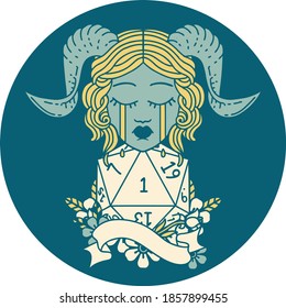 Retro Tattoo Style crying tiefling with natural one D20 roll