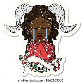 Retro Tattoo Style crying tiefling with natural one D20 dice roll