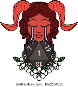 Retro Tattoo Style crying tiefling character with natural one D20 dice roll