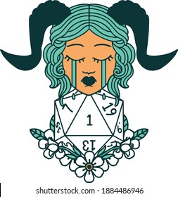 Retro Tattoo Style crying tiefling with natural one D20 dice roll