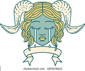 Retro Tattoo Style crying tiefling character face with scroll banner