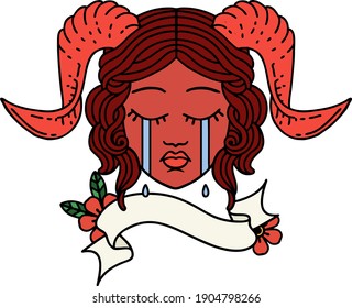 Retro Tattoo Style crying tiefling character face with scroll banner