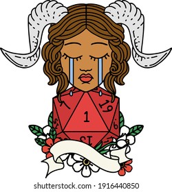 Retro Tattoo Style crying tiefling with natural one D20 roll
