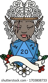 Retro Tattoo Style elf barbarian character face with natural twenty dice roll