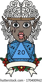 Retro Tattoo Style elf barbarian character with natural twenty dice roll