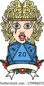 Retro Tattoo Style elf barbarian character with natural twenty dice roll