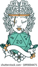 Retro Tattoo Style elf barbarian character face with natural twenty dice roll