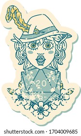 Retro Tattoo Style elf bard character with natural twenty dice roll