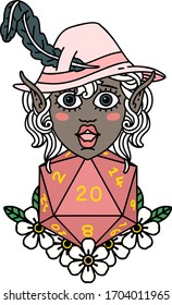 Retro Tattoo Style elf bard character with natural twenty dice roll