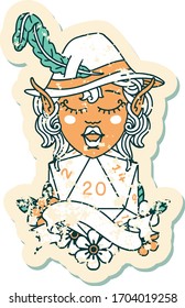 Retro Tattoo Style elf bard character with natural twenty