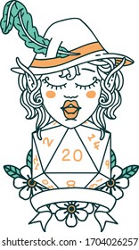 Retro Tattoo Style elf bard with natural twenty dice roll