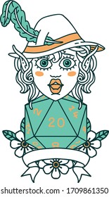 Retro Tattoo Style elf bard with natural twenty dice roll