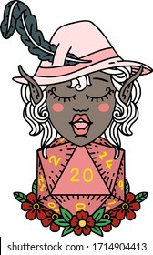 Retro Tattoo Style elf bard character with natural twenty dice roll