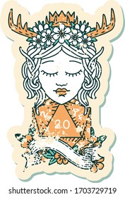 Retro Tattoo Style elf druid character with natural twenty dice roll