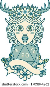Retro Tattoo Style elf druid with natural twenty dice roll