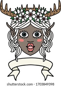 Retro Tattoo Style elf druid character face with banner