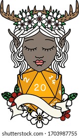 Retro Tattoo Style elf druid with natural twenty dice roll