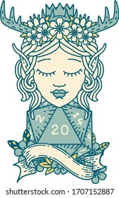 Retro Tattoo Style elf druid character with natural twenty dice roll