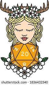 Retro Tattoo Style elf druid character with nautral twenty dice roll