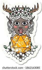 Retro Tattoo Style elf druid character with nautral twenty dice roll