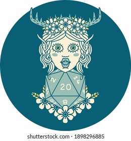 Retro Tattoo Style elf druid character with nautral twenty dice roll