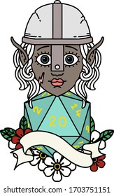 Retro Tattoo Style elf fighter with natural twenty dice roll