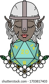 Retro Tattoo Style elf fighter with natural twenty dice roll