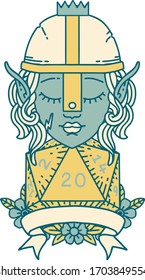 Retro Tattoo Style elf fighter with natural 20 dice roll