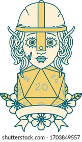 Retro Tattoo Style elf fighter with natural 20 dice roll