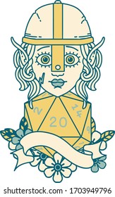 Retro Tattoo Style elf fighter with natural twenty dice roll