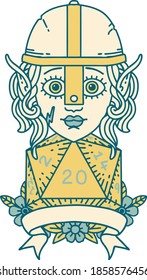 Retro Tattoo Style elf fighter with natural 20 dice roll
