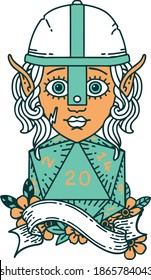Retro Tattoo Style elf fighter character with natural twenty dice roll
