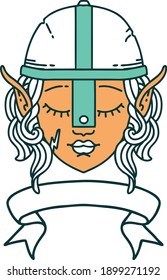 Retro Tattoo Style elf fighter character face with banner