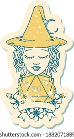 Retro Tattoo Style elf mage character with natural twenty dice roll