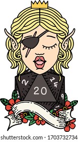 Retro Tattoo Style elf rogue with natural twenty dice roll