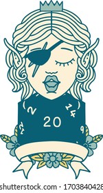 Retro Tattoo Style elf rogue character with natural twenty dice roll