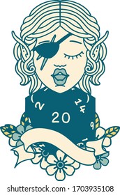 Retro Tattoo Style elf rogue character with natural twenty dice roll