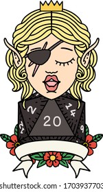 Retro Tattoo Style elf rogue character with natural twenty dice roll