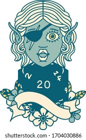 Retro Tattoo Style elf rogue character with natural twenty dice roll