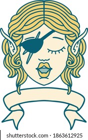 Retro Tattoo Style elf rogue character face with banner