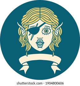Retro Tattoo Style elf rogue character face with banner