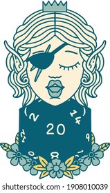 Retro Tattoo Style elf rogue character with natural twenty dice roll
