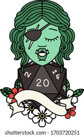Retro Tattoo Style half orc rogue with natural twenty dice roll