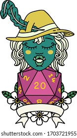 Retro Tattoo Style half orc bard with natural 20 dice roll