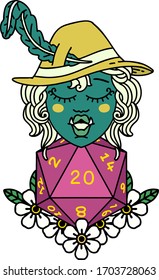 Retro Tattoo Style half orc bard with natural twenty dice roll 
